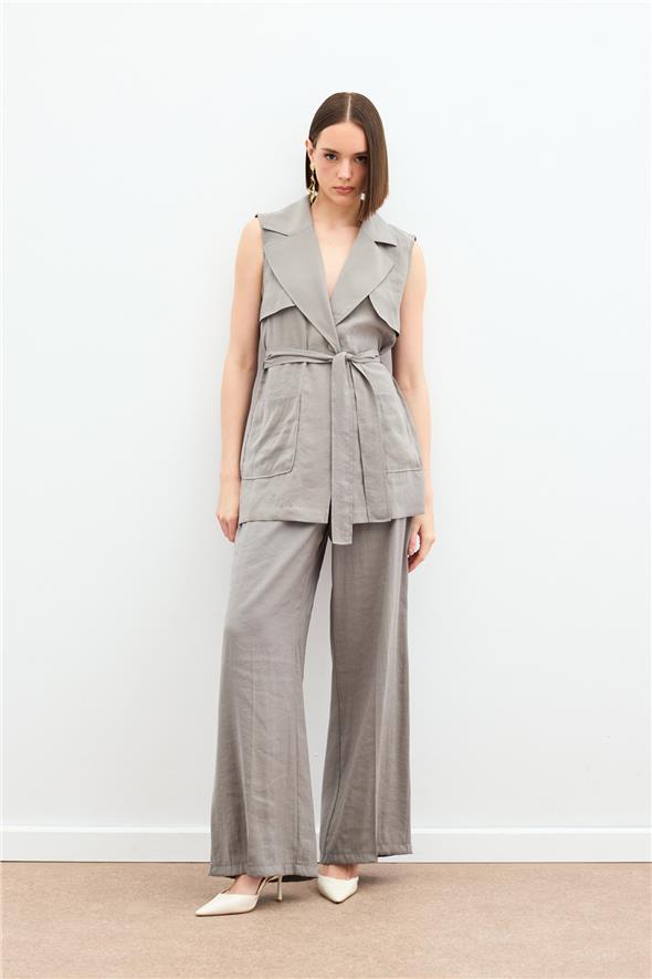 Kuşaklı Uzun Yelek - Haki