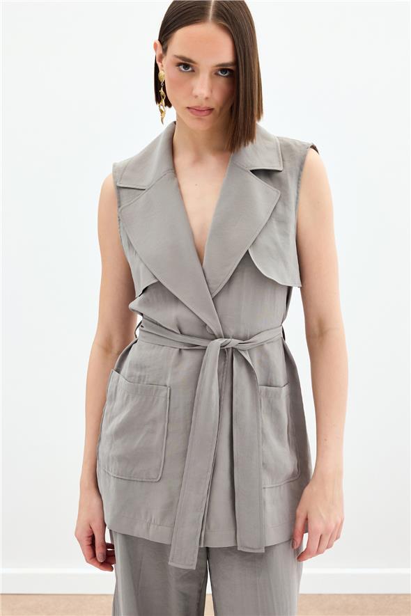 Kuşaklı Uzun Yelek - Haki