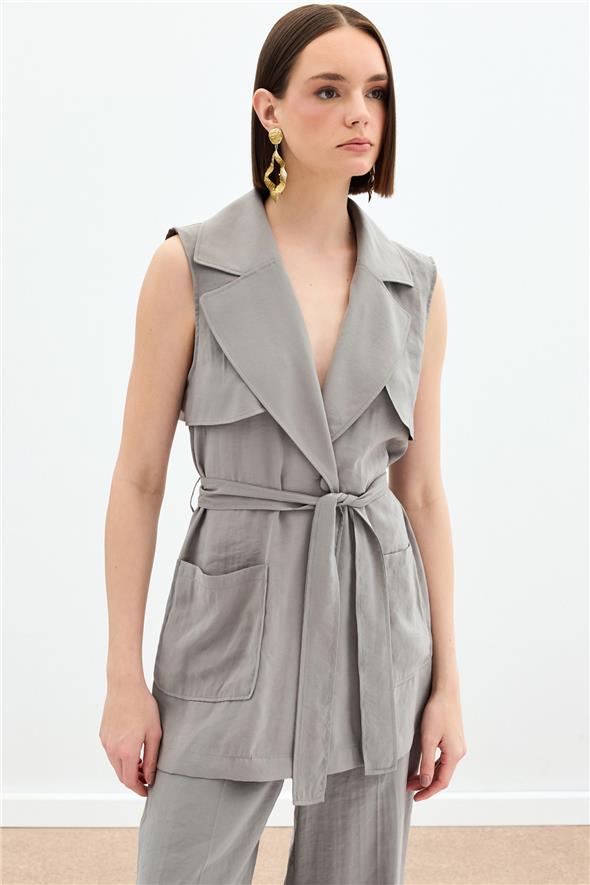 Kuşaklı Uzun Yelek - Haki