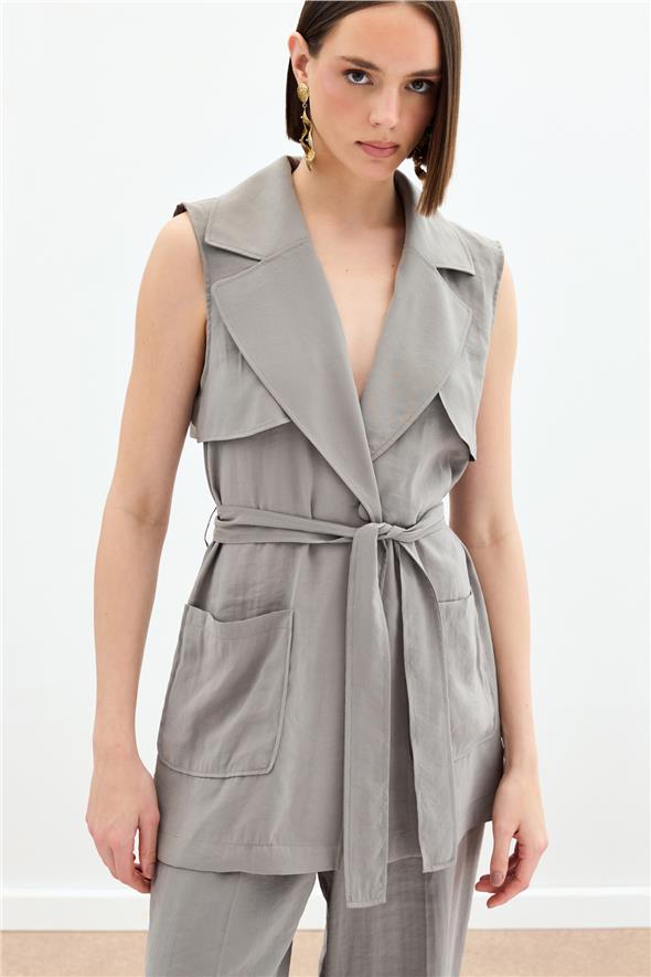 Kuşaklı Uzun Yelek - Haki