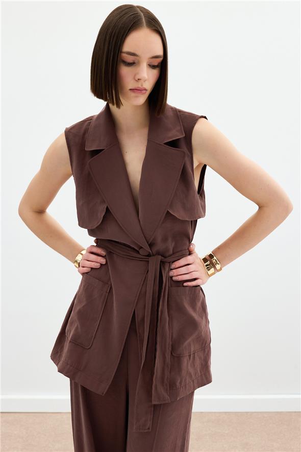 Kuşaklı Uzun Yelek - Kahve