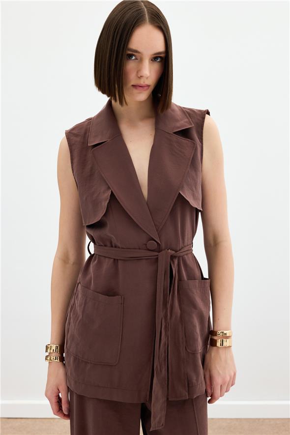 Kuşaklı Uzun Yelek - Kahve