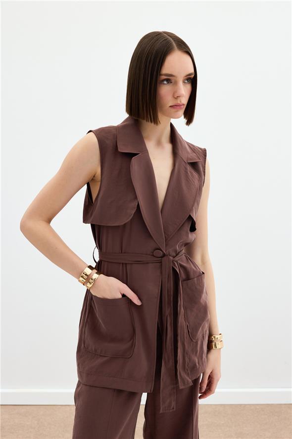 Kuşaklı Uzun Yelek - Kahve