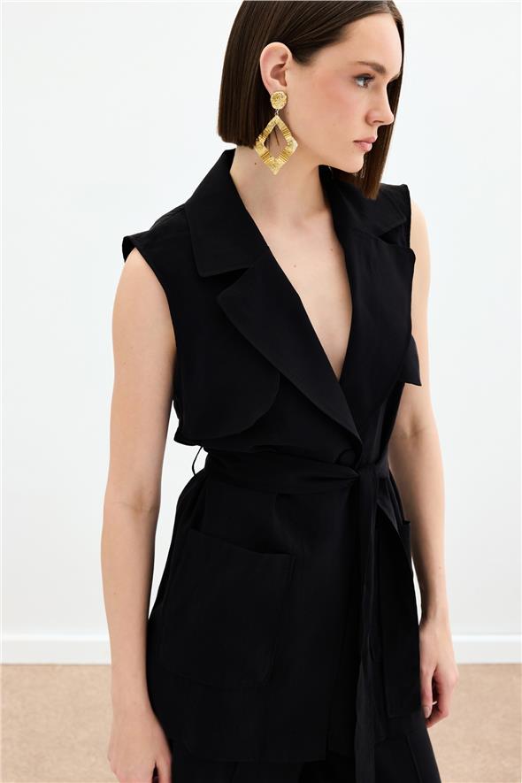 Kuşaklı Uzun Yelek - Siyah