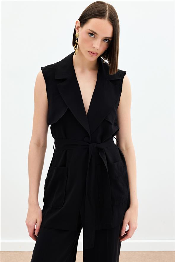 Kuşaklı Uzun Yelek - Siyah