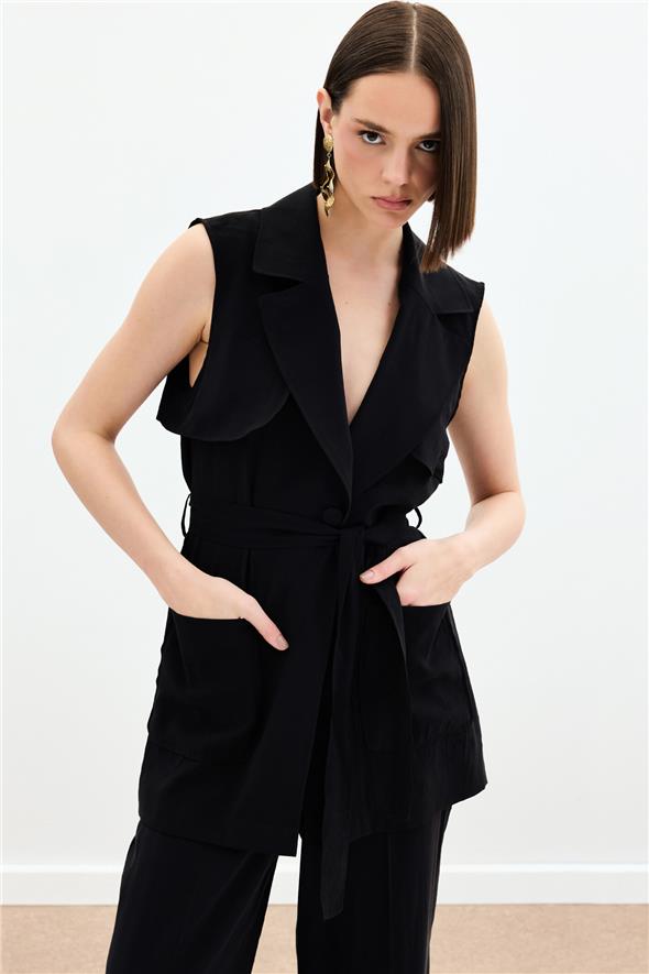 Kuşaklı Uzun Yelek - Siyah