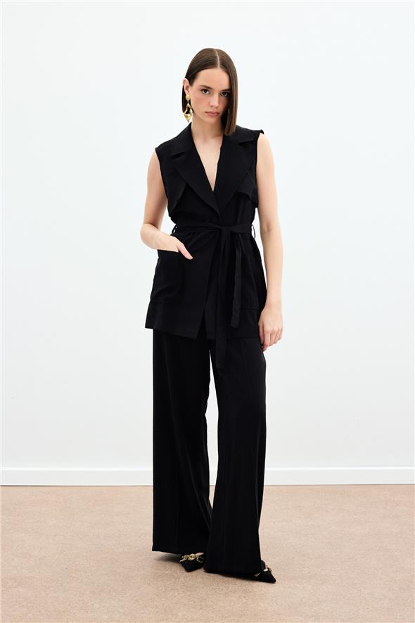 Kuşaklı Uzun Yelek - Siyah