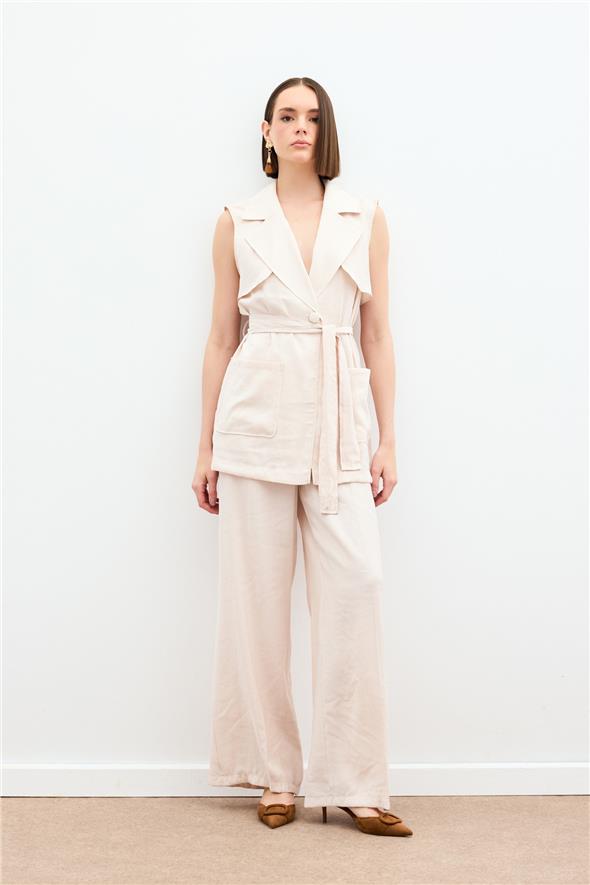 Kuşaklı Uzun Yelek - Taş