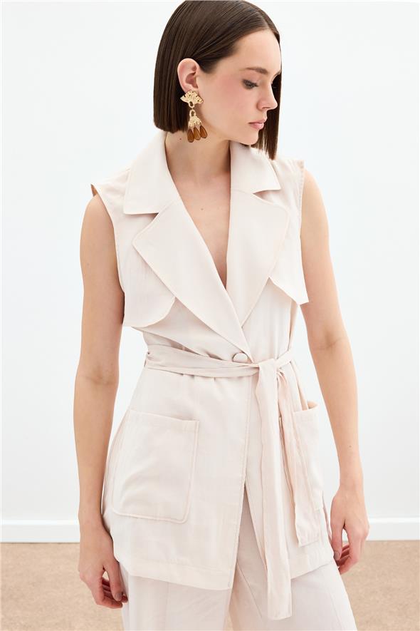 Kuşaklı Uzun Yelek - Taş