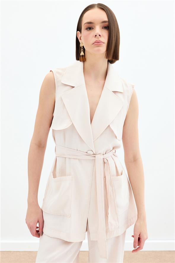 Kuşaklı Uzun Yelek - Taş