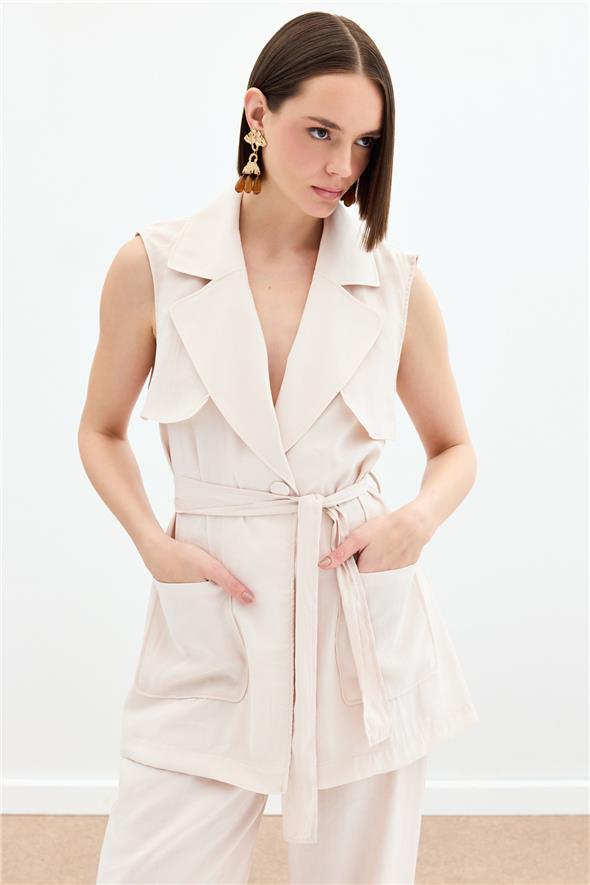 Kuşaklı Uzun Yelek - Taş