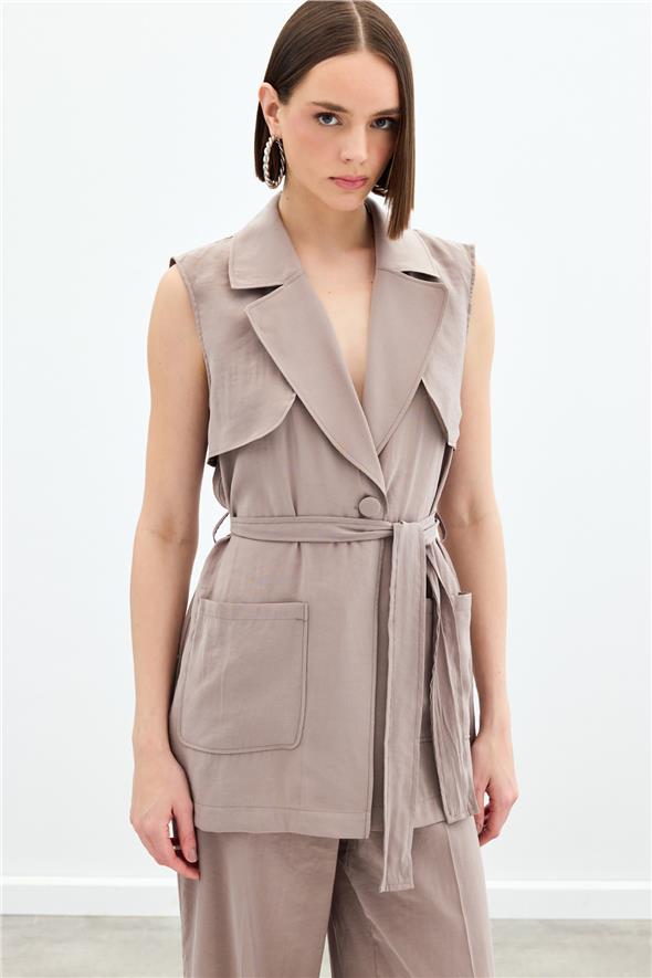 Kuşaklı Uzun Yelek - Vizon