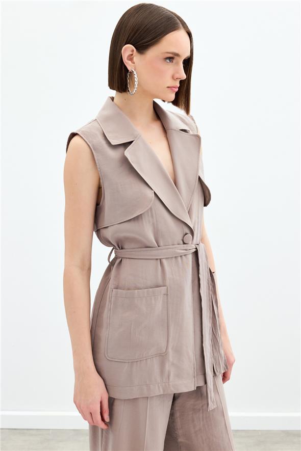 Kuşaklı Uzun Yelek - Vizon