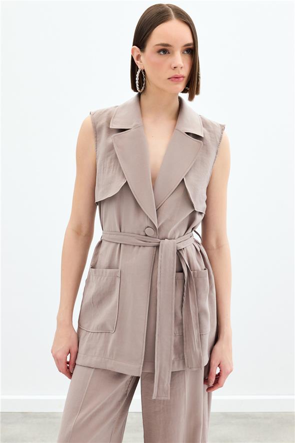 Kuşaklı Uzun Yelek - Vizon