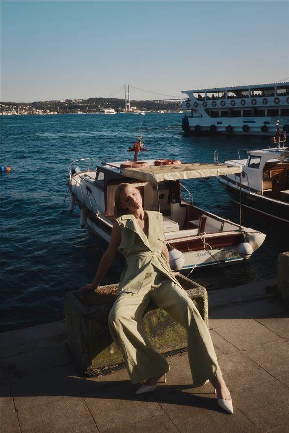 Kuşaklı Uzun Yelek - Yağ Yeşili