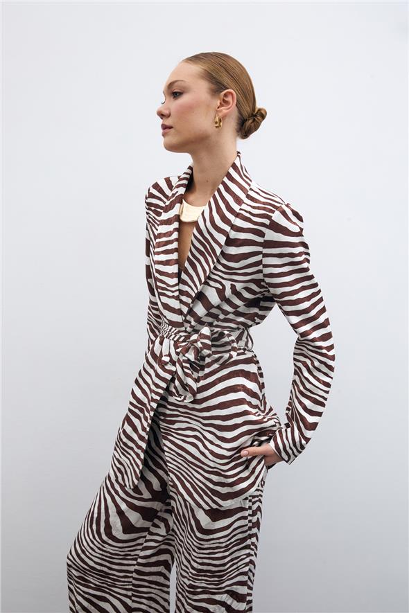 Kuşaklı Zebra Ceket - Kahve