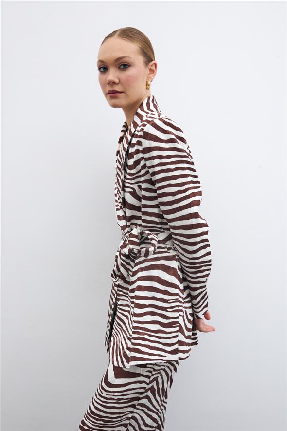Kuşaklı Zebra Ceket - Kahve