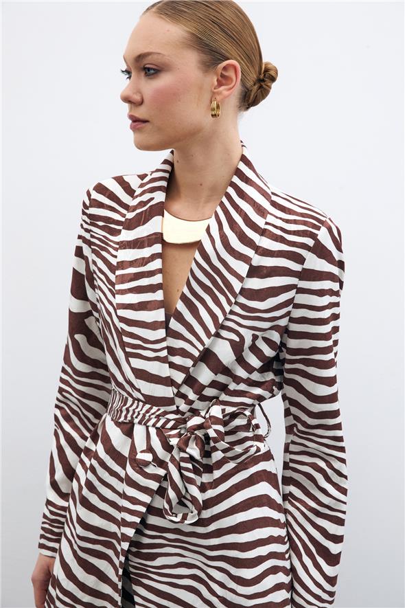 Kuşaklı Zebra Ceket - Kahve