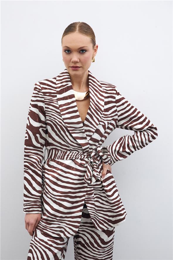 Kuşaklı Zebra Ceket - Kahve