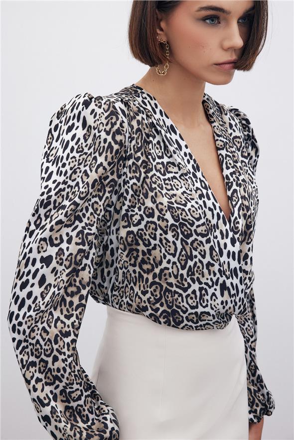 Leopar Desenli Bodysuit - Siyah