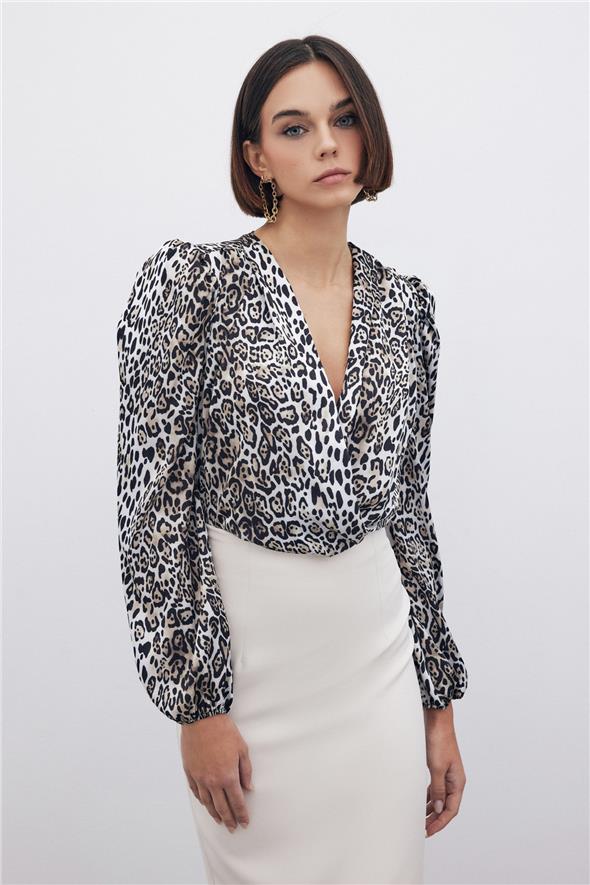 Leopar Desenli Bodysuit - Siyah