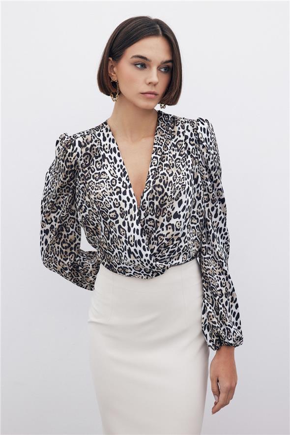 Leopar Desenli Bodysuit - Siyah