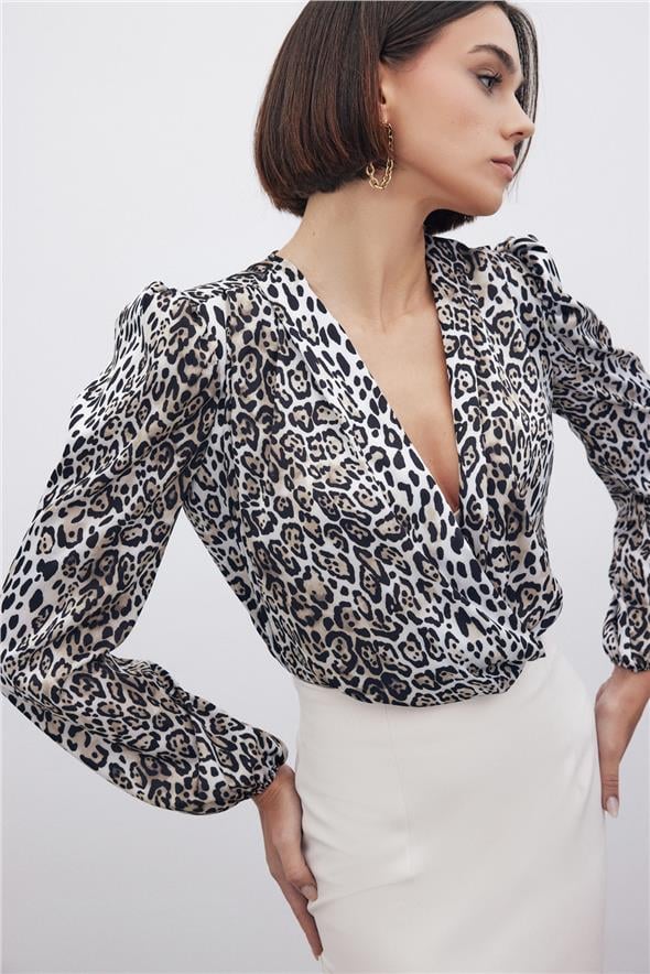 Leopar Desenli Bodysuit - Siyah