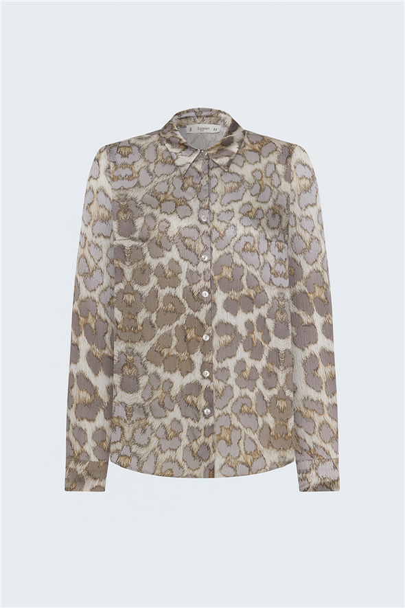 Leopar Desenli Klasik Gömlek - Bej