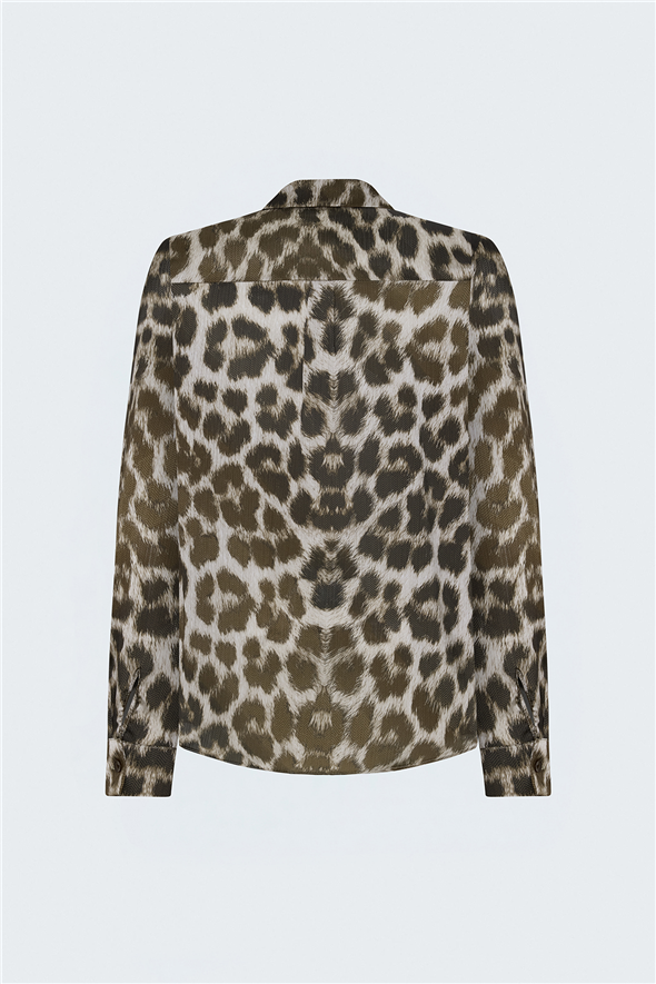 Leopar Desenli Klasik Gömlek - Kahve