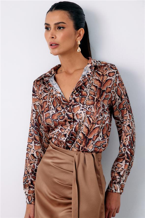 Leopar Desenli Klasik Gömlek - Taba