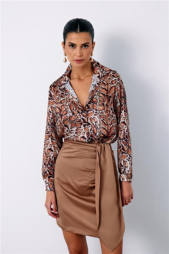 Leopar Desenli Klasik Gömlek - Taba