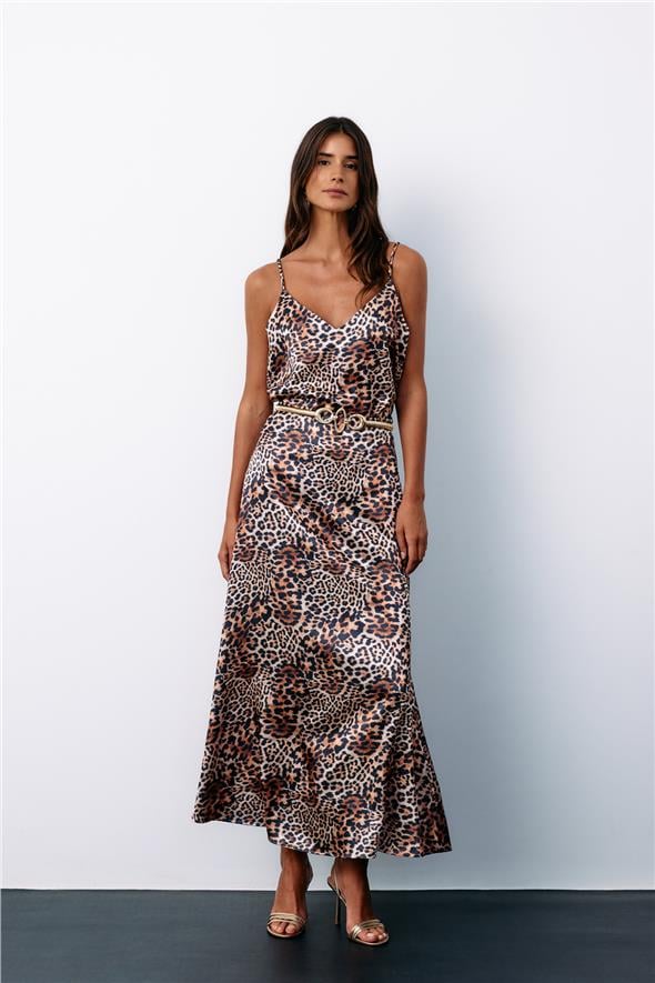 Leopar Desenli Saten Etek - Kahve