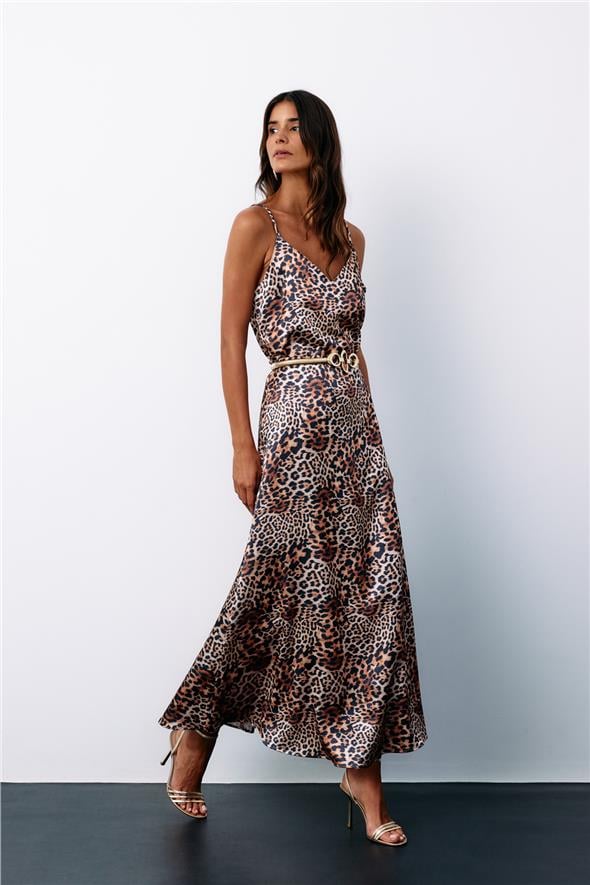 Leopar Desenli Saten Etek - Kahve