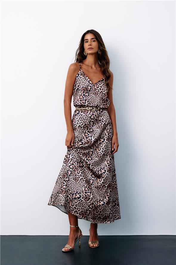 Leopar Desenli Saten Etek - Vizon