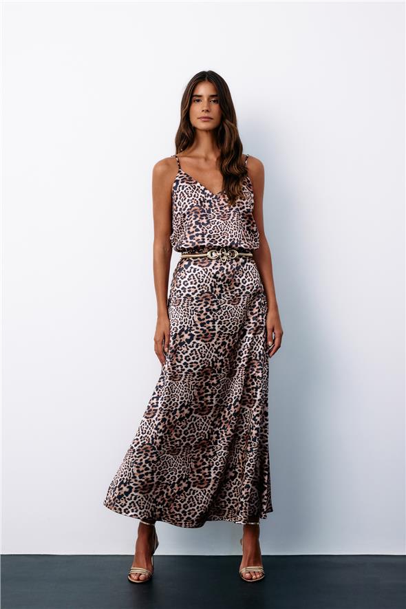 Leopar Desenli Saten Etek - Vizon