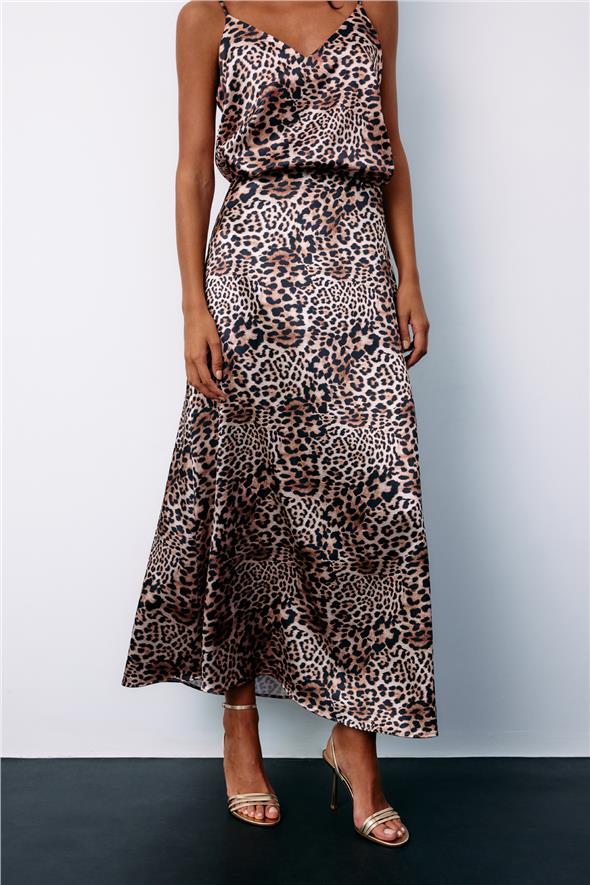 Leopar Desenli Saten Etek - Vizon