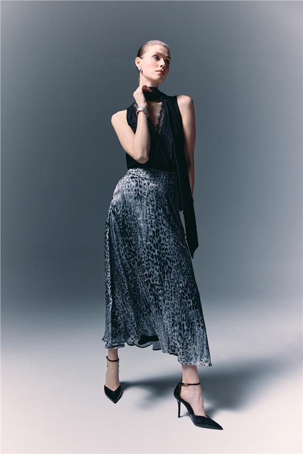 Leopar Desenli Uzun Etek - Siyah