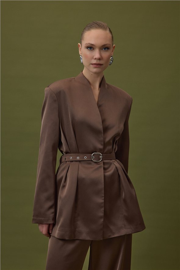 Lisa Kemerli Saten Ceket - Kahve