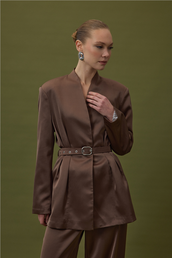 Lisa Kemerli Saten Ceket - Kahve