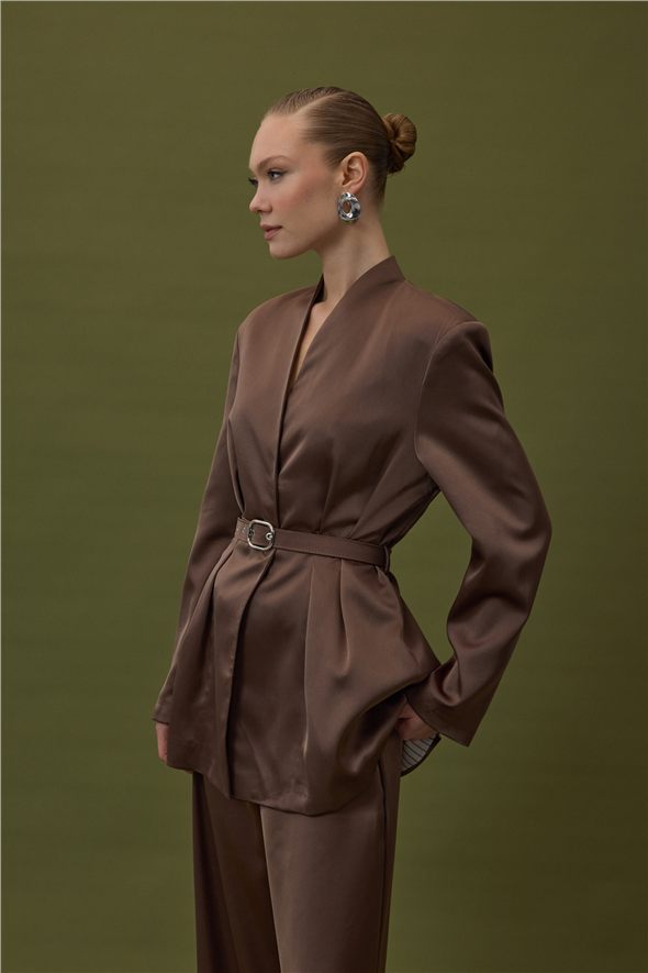 Lisa Kemerli Saten Ceket - Kahve