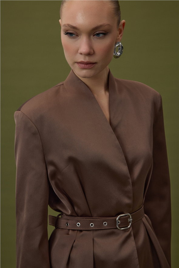 Lisa Kemerli Saten Ceket - Kahve