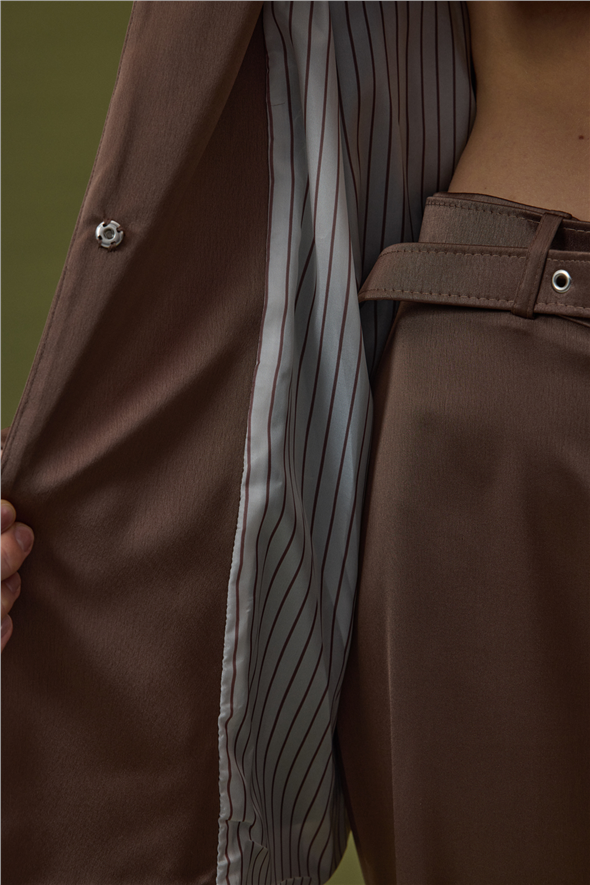 Lisa Kemerli Saten Ceket - Kahve