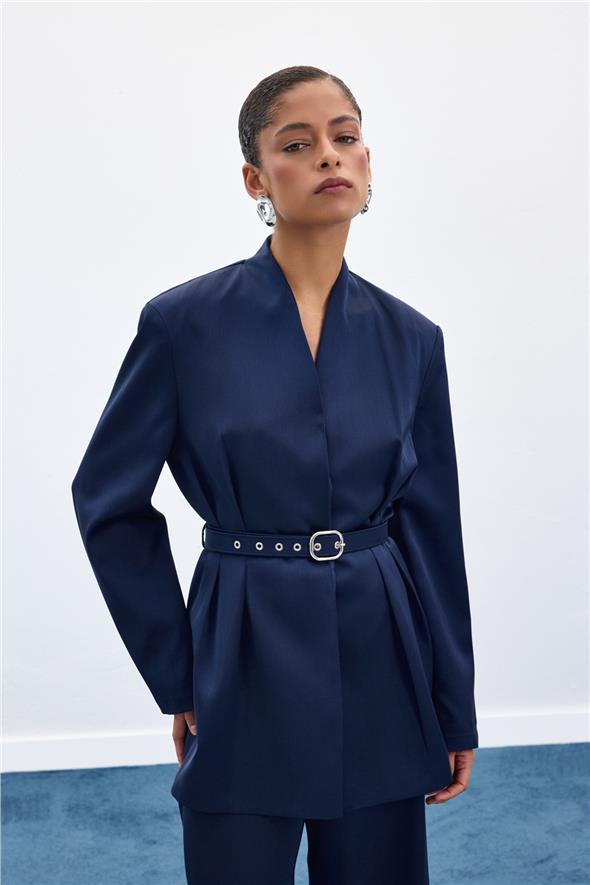 Lisa Kemerli Saten Ceket - Lacivert