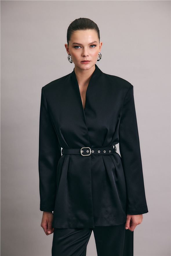 Lisa Kemerli Saten Ceket - Siyah