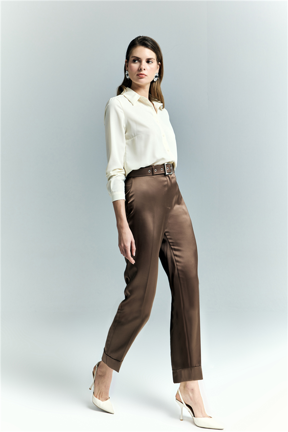 Lisa Saten Duble Paça Pantolon - Kahve