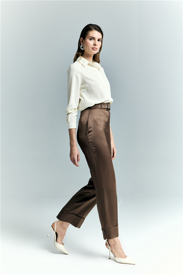 Lisa Saten Duble Paça Pantolon - Kahve