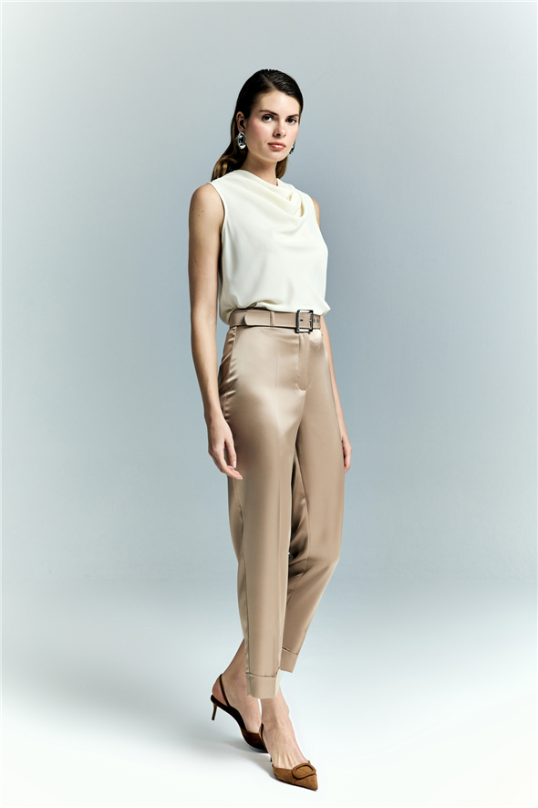 Lisa Saten Duble Paça Pantolon - Vizon