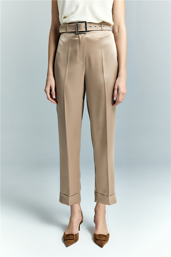 Lisa Saten Duble Paça Pantolon - Vizon