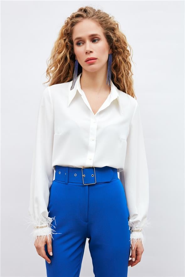 Manşetleri Aksesuarlı Gömlek - Ekru
