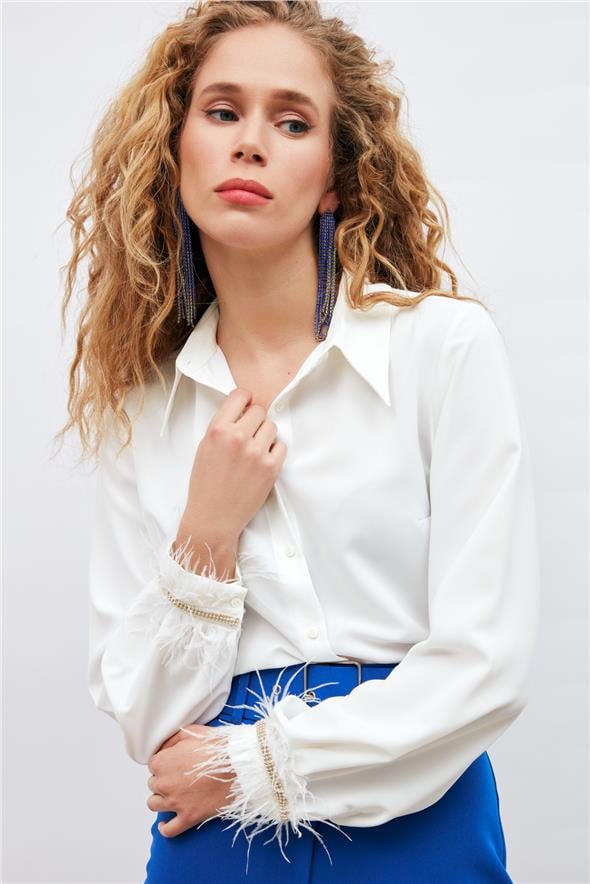 Manşetleri Aksesuarlı Gömlek - Ekru